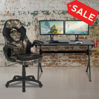 Flash Furniture BLN-X10D1904-CAM-GG Black Gaming Desk and Camouflage/Black Racing Chair Set with Cup Holder, Headphone Hook & 2 Wire Management Holes